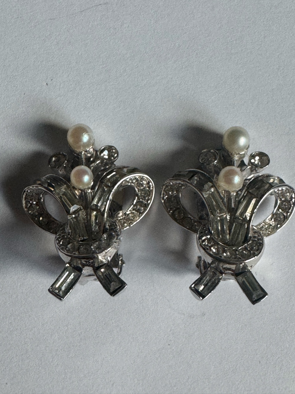 Vintage Charles Reis Sterling Silver Rhinestone/Pearl Clip on Earrings 1950's